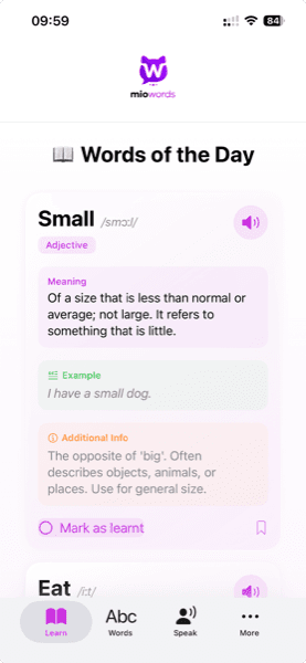 Daily word learning screen
