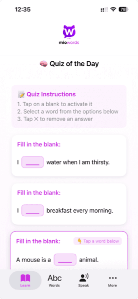 Interactive quiz screen