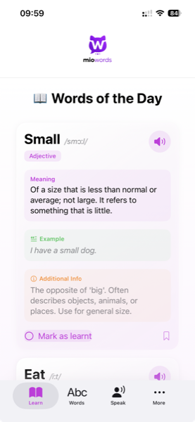MioWords daily word screen showing the word 'Small' with pronunciation, meaning, and example