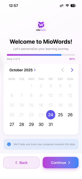 MioWords target date setting screen for language learning goals