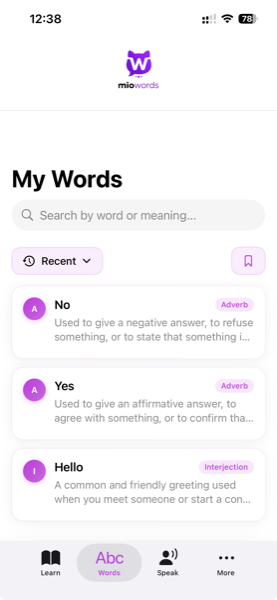 MioWords word library showing comprehensive vocabulary history with search and filter options